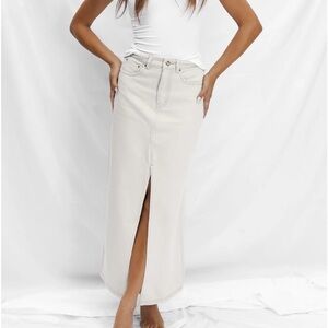 All Things Golden NWT Stone colored denim long skirt with slit